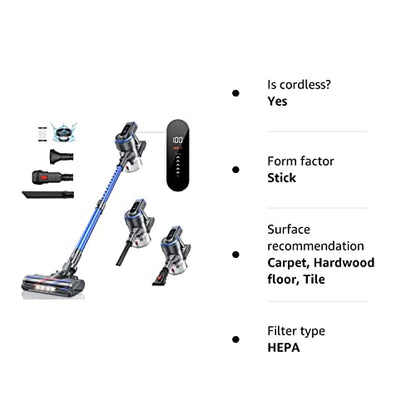 HONITURE Cordless Vacuum Cleaner 450W/38KPa Stick Vacuum Cleaners