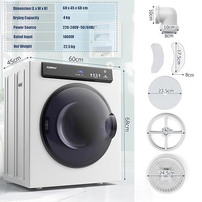 COSTWAY 4KG Vented Tumble Dryer, 1400W Freestanding Front Tumble Dryer