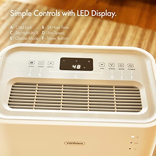 VonHaus Dehumidifier 20L/Day – LED Display, 24 Hour Timer
