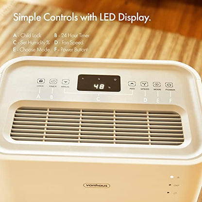 VonHaus Dehumidifier 20L/Day – LED Display, 24 Hour Timer